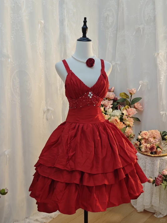 Vintage Spaghetti Straps Satin layered Beaded A Line Cocktail Dress,Red Short 7th Grade Homecoming Dress SP2708