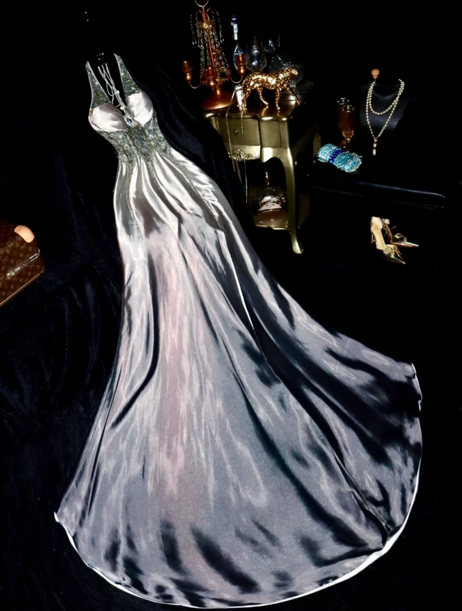 Gorgeous Ombre Silver Gray Satin Beaded Mermaid Evening Dress Long Birthday Prom Gown SP722