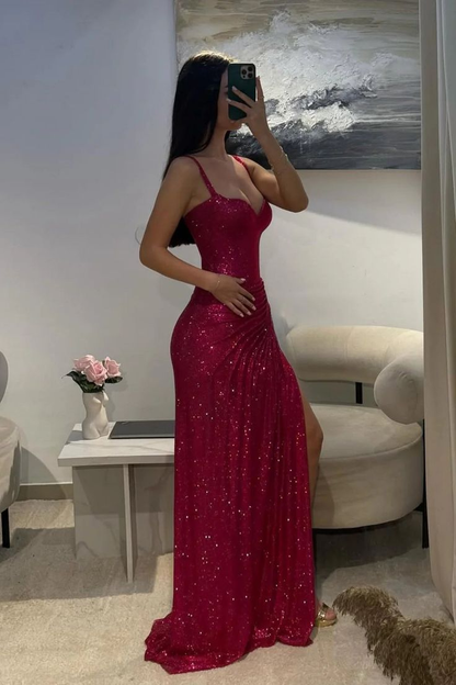 Gorgeous Hot Pink Spaghetti Straps Sequin Pleated Slit Mermaid Evening Dress Formal Prom Gown SP547