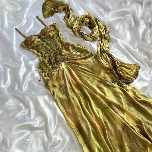 Gorgeous Spaghetti Straps Gold Satin Beaded Evening Dress Long Party Dress Y9735