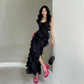 Womens Summer Black Spaghetti Strap Ruffle Prom Dress Y2638