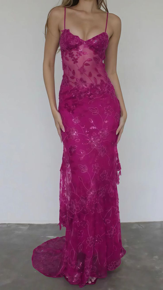 Charming Dragon Fruit Color Lace Spaghetti Straps Birthday Party Dress Prom Dresses SP90