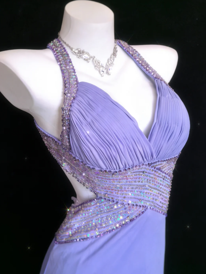 Classy Purple Halter Satin Sequin Beaded Mermaid Evening Dress Backless Long Party Gown SP1597