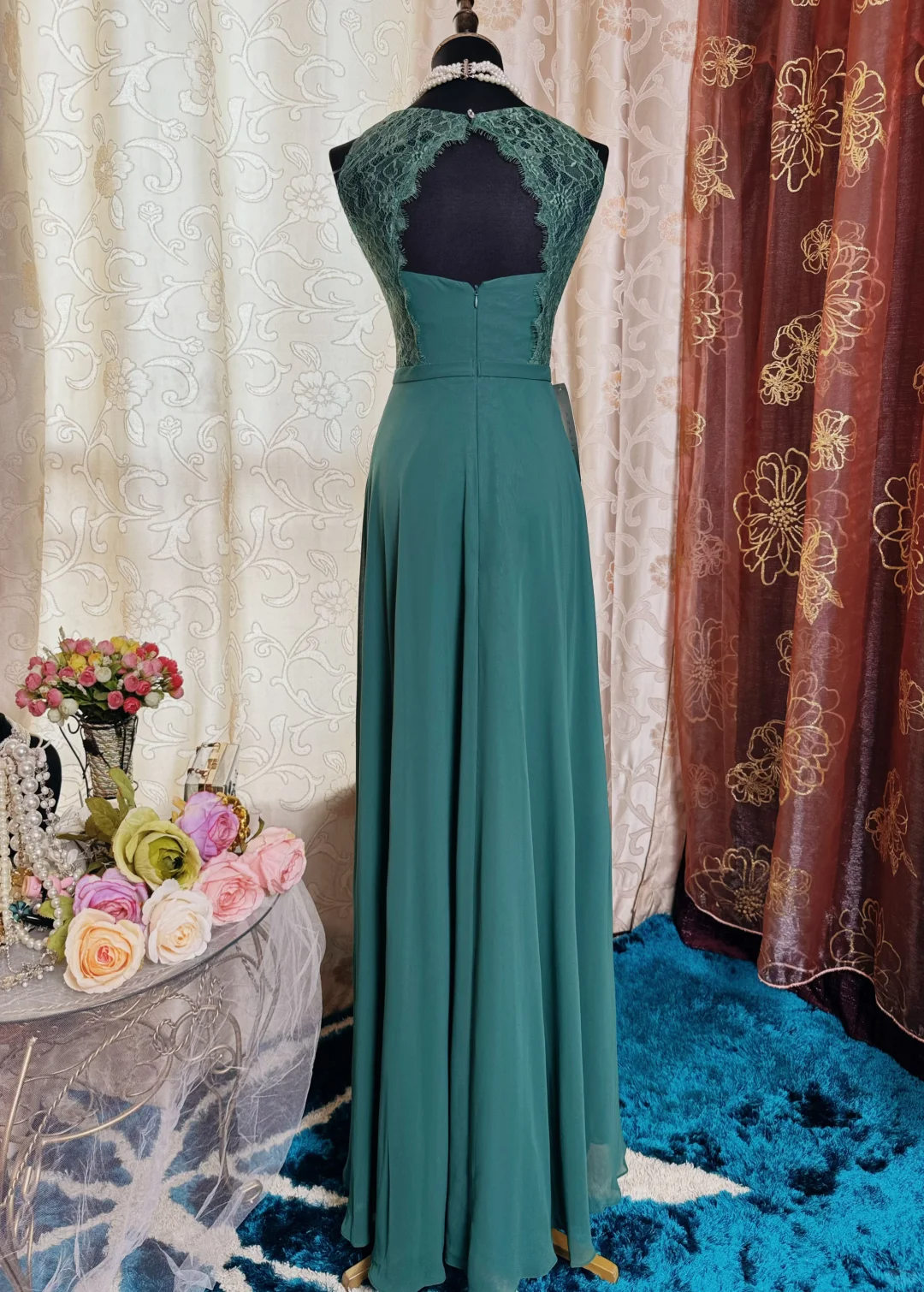Vintage Green Sleeveless Lace Chiffon A Line Long Evening Dress Formal Wedding Guest Dress SP2385