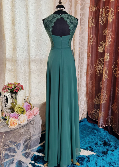 Vintage Green Sleeveless Lace Chiffon A Line Long Evening Dress Formal Wedding Guest Dress SP2385
