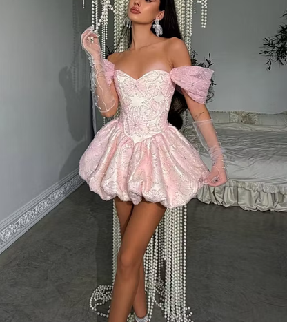 Glamorous Off The Shoulder Satin Tulle Floral Beaded A Line Mini Birthday Dress,Pink Short 6th Grade Homecoming Dress SP2932