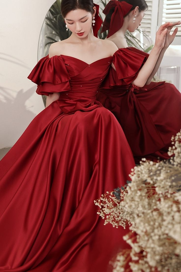 Red Satin Ball Gown With Bell Sleeves And Lace UP Back Long Prom Dress Simplepromdress Red Satin Ball Gown With Bell Sleeves And Lace UP Back Long Prom Dress Simplepromdress