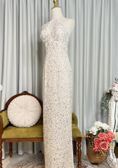 Sparkle Halter Backless Sequin Sheath Long Party Dress Formal Wedding Guest Dress SP630