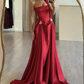 Charming A-Line Satin Burgundy Long Prom Dress, Strapless Evening Dress Y8046