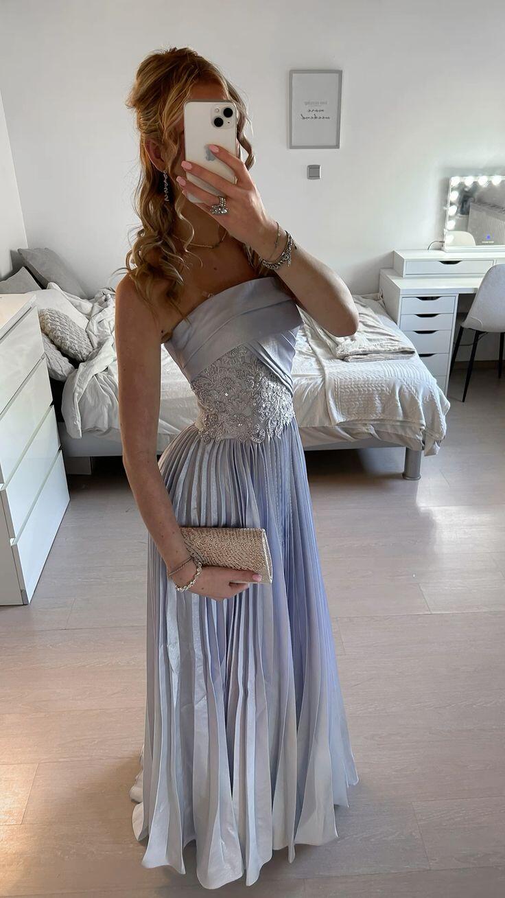 Charming Strapless Satin Pleated Appliqued Long Evening Gown,Lilac Long Party Dress SP4019