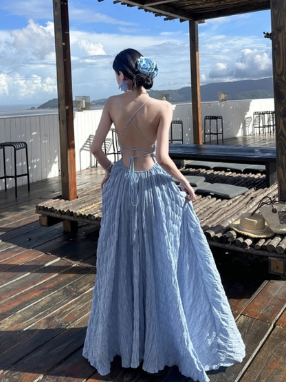 Pretty Spaghetti Straps Blue Tulle A Line Long Evening Dress Backless Long Wedding Guest Dress SP2294