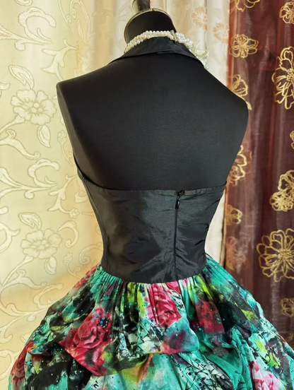 Chic Black Halter Satin Chiffon Print Floral A Line Short Graduation Homecoming Dress Cocktail Dress SP2195