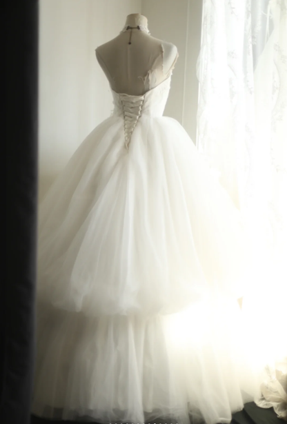 Sweet Strapless Tulle Beaded Appliques Double Layered White Long Wedding Dress SP1209