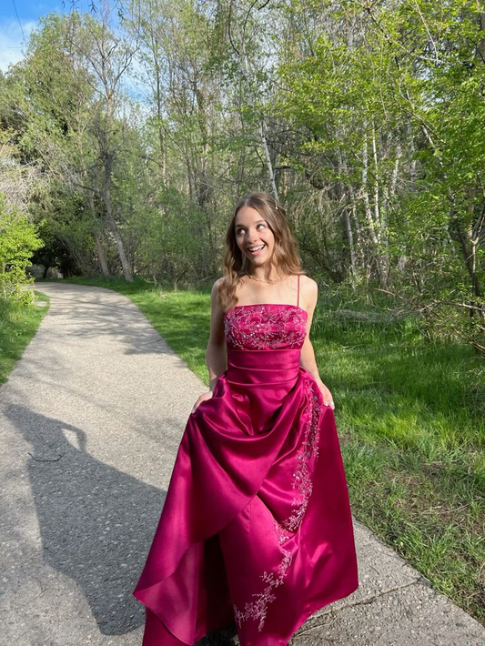 Pretty Spaghetti Strap Hot Pink Satin Beaded Long Evening Dress Formal Wedding Guest Dress SP2130