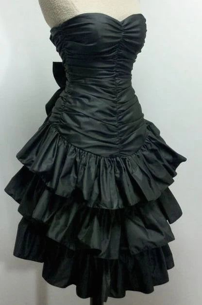 Vintage Strapless Black Satin Pleated Ruffles Short Party Dress Formal Homecoming Dress 21st Birthday Outfits Y9910