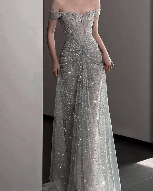 Glitter Gray Off The Shoulder Tulle Sequin Beaded Mermaid Long Evening Dress Party Gown SP1555