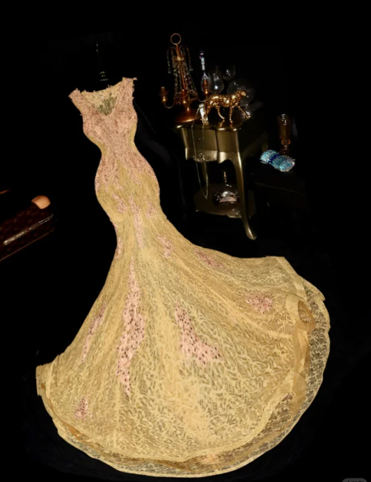 Elegant Lace Beaded Appliques Yellow Long Mermaid Evening Dress Birthday Outfits SP874