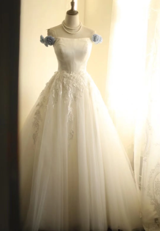 Pretty Off The Shoulder White Tulle Sequin Appliques Long Wedding Dress SP1245