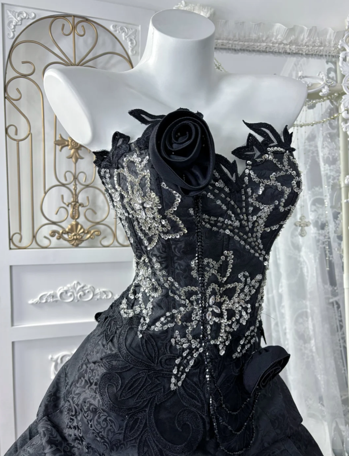Pretty Black Lace Satin Print Floral Mermaid Long Party Dress,Formal Birthday Prom Dress With Beads SP1443