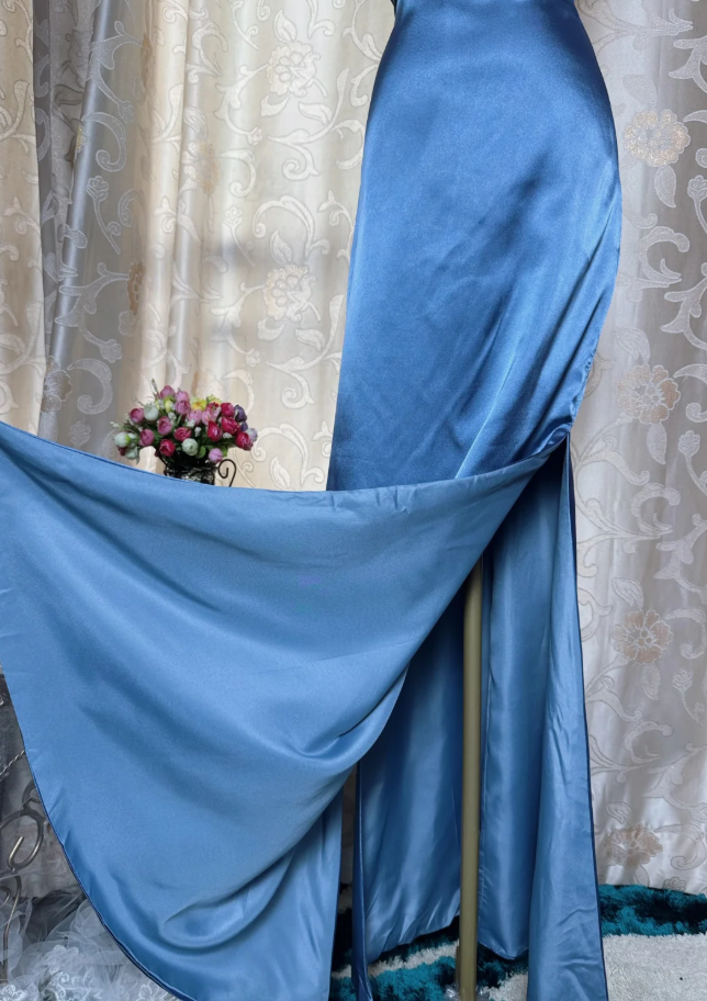 Classy Spaghetti Straps Blue Satin Long Wedding Guest Dress Formal Birthday Evening Dress SP1887