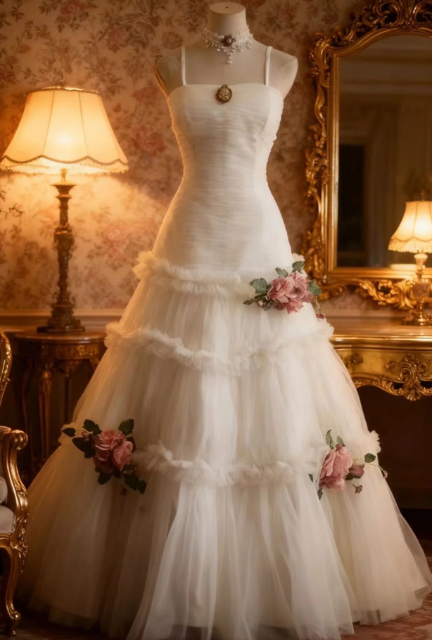 Pretty Spaghetti Straps White Tulle Long Wedding Dress With 3D Flowers SP751