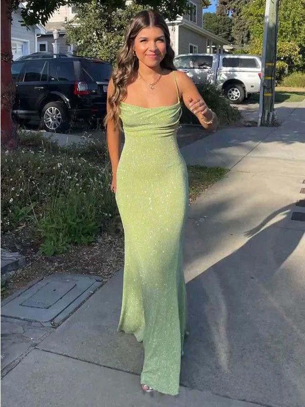 Sexy Green Mermaid Spaghetti Straps Maxi Long Prom Dresses Y4456