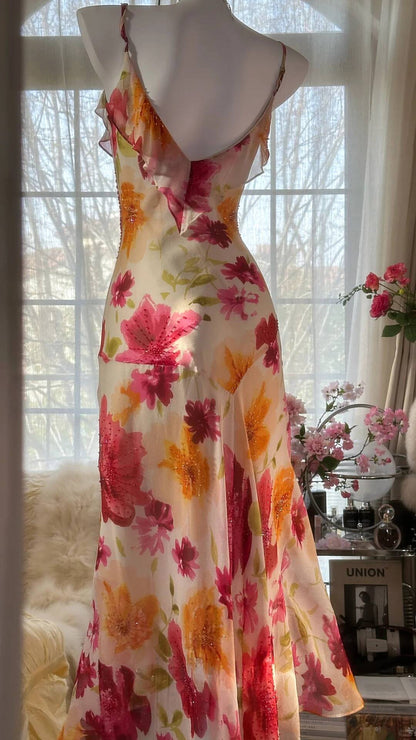 Beautiful Spaghetti Straps Chiffon Print Floral Mermaid Evening Dress Formal Party Gown Y8915