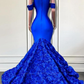 Luxury Royal Blue Ruched Flowers Prom Dresses For Black Girls Off The Shoulder Mermaid Evening Gowns Ruched Flowers  Y6642