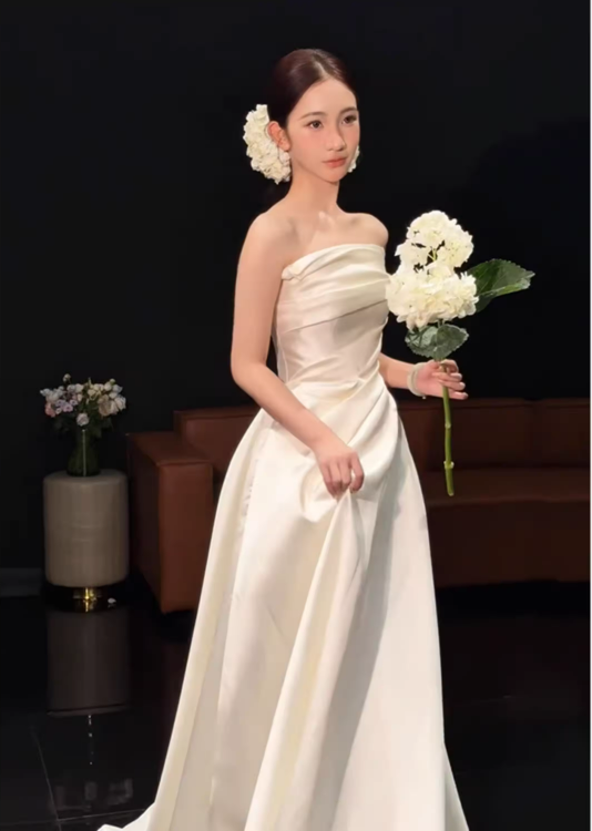 Elegant Strapless Satin Pleated White Mermaid Long Wedding Dress Bridal Dress SP2018