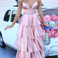 Elegant A-line Spaghetti Straps Satin Tiered Evening Dress Y728