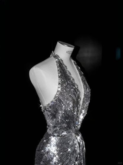 Sparkly Silver Deep V Halter Sequins Beaded Backless Evening Dress,Mermaid Prom Dress Y8687