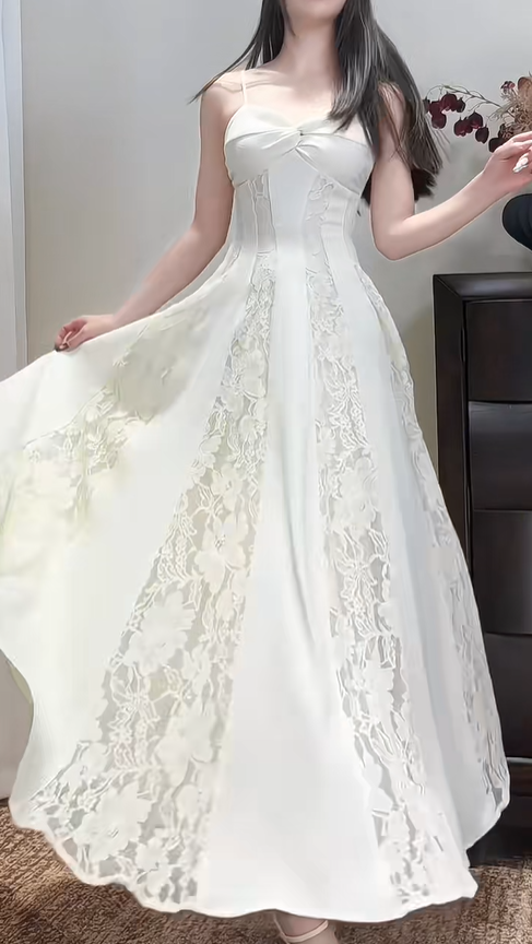 Pretty Spaghetti Straps Off-white Satin Lace A Line Long Prom Dress Party Gown SP426