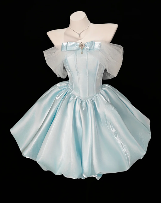 Classy Off The Shoulder Blue Satin A Line Short 7th Grade Homecoming Dress Birthday Dress SP1934