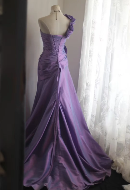 Classy One Satin Pleated Purple Mermaid Party Dress Formal Wedding Guest Dress SP749