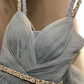 Simple Blue Tulle Beaded A Line Evening Dress,Spaghetti Straps V Neck Prom Dress Y8649
