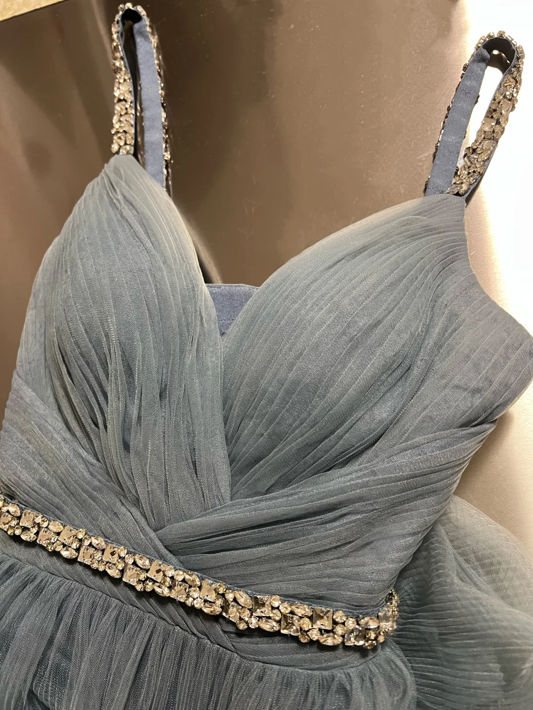 Simple Blue Tulle Beaded A Line Evening Dress,Spaghetti Straps V Neck Prom Dress Y8649