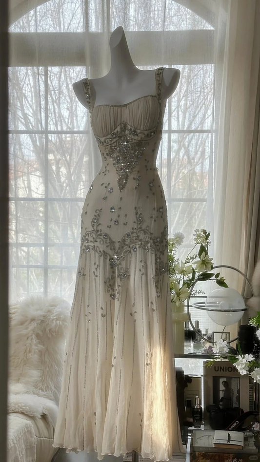 Vintage Evening Dresses, Light Champagne Chiffon Beaded Mermaid Party Gowns Y8696
