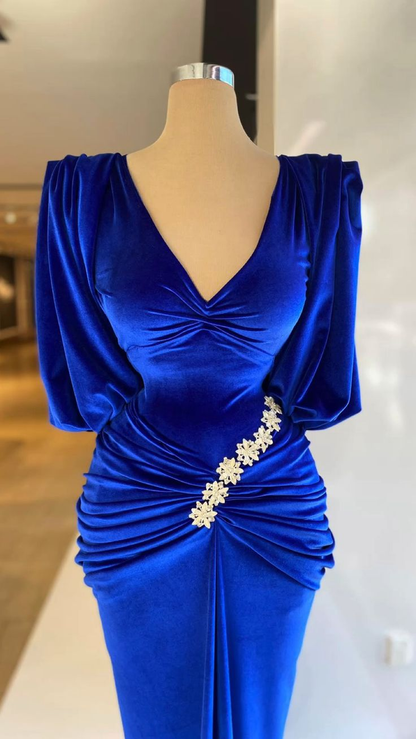 Evening Dresses Dubai V-Neck Short Sleeves Velvet Pleats Appliques Royal Blue Mermaid Formal Prom Party Dress Y4935