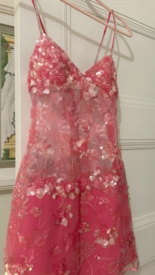 Pretty Spaghetti Straps Pink Sequin Short Birthday Outfits Formal Graduation Homecoming Dress Y9311