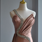 Rose Pink Crystal Beaded Evening Dress,One Shoulder Satin Mermaid Long Prom Dress Y8519