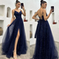 Spaghetti Straps Navy Blue V-neck A-line Long Fashion Prom Dresses Y5912