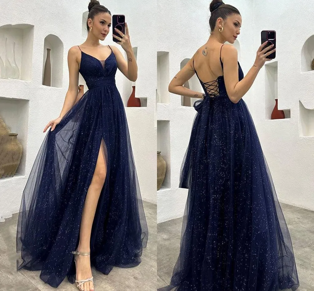Spaghetti Straps Navy Blue V-neck A-line Long Fashion Prom Dresses Y5912