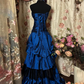 Retro Strapless Blue Satin Pleated Appliques Long Party Dress Prom Dresses SP1376