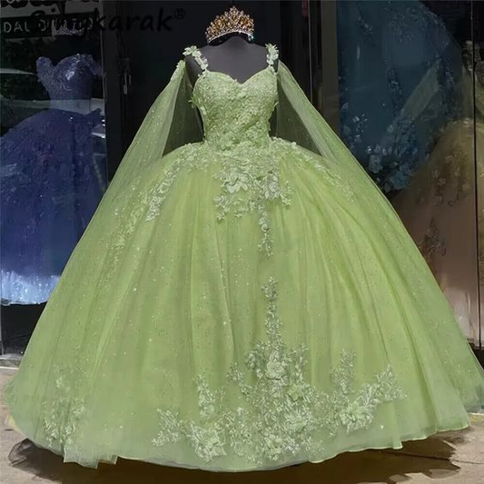Green Quinceanera Dresses With Cape 3D Flowers Sweet 15 Birthday Ball Gown Y6065