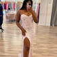 Baby pink sequin prom dress with 3D florals and a slit Y2788