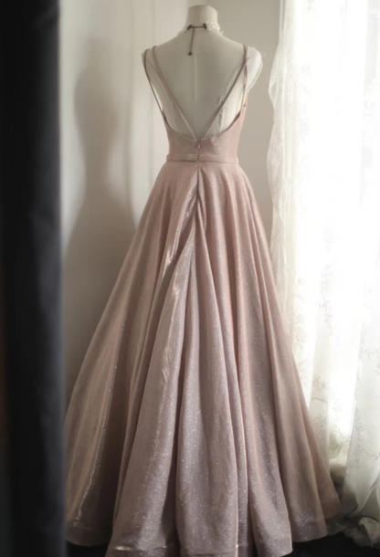 Classy Spaghetti Straps Pink Satin Sequin Long Evening Dress Birthday Outfits SP1210