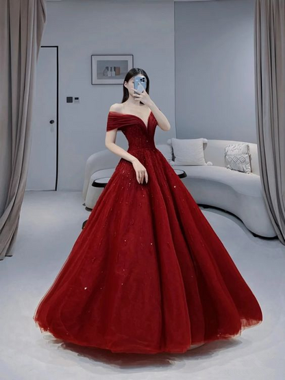 Off The Shoulder Red A-line Prom Dress,Princess Prom Gown  Y6027