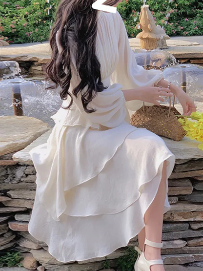 Elegant Women Irregular Ruffle Patchwork Dress Lantern Sleeve Stand Neck Pleated Prom Dress Y4779
