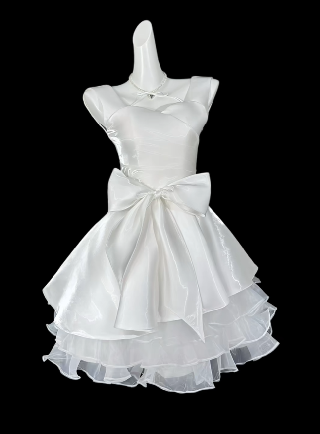 Elegant White Satin Organza Bow A Line Short Homecoming Dress Birthday Outfits SP3501