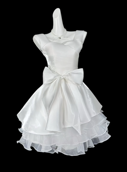 Elegant White Satin Organza Bow A Line Short Homecoming Dress Birthday Outfits SP3501